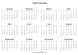 2020 calendar landscape monday