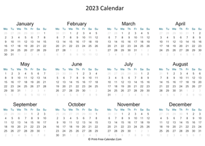 2023 calendar landscape monday