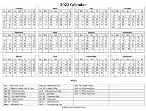 calendar 2022 holidays horizontal