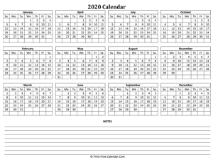 printable 2020 calendar notes