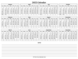 printable 2022 calendar notes
